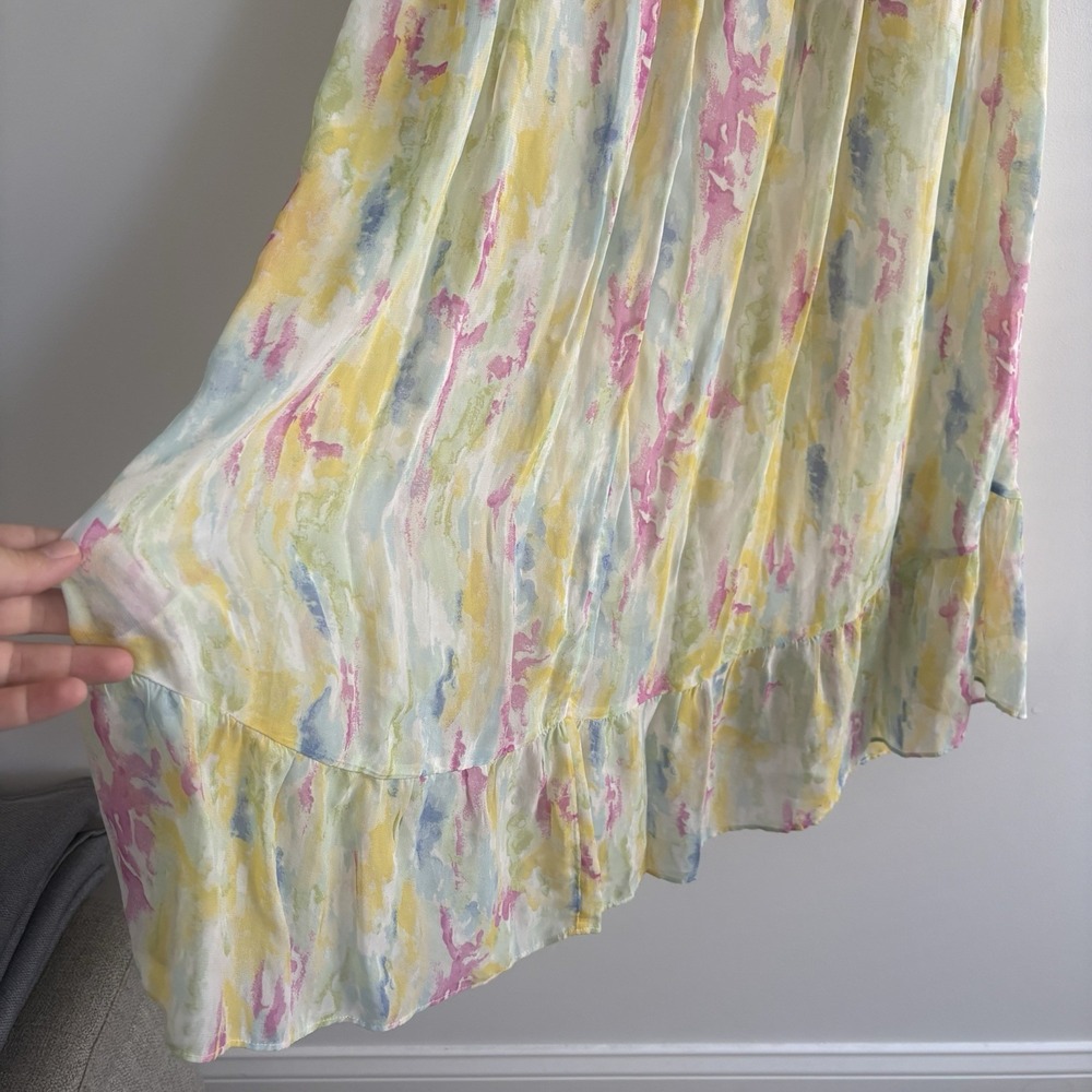 Anthropologie Dress Women 0 Watercolor Smocked Waist Flounce Hem Split Neck Maxi - Picture 3 of 8